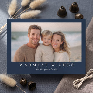 Warmest Wishes Modern Holiday Photo - Navy Blue Card