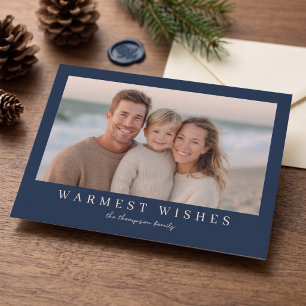 Warmest Wishes Modern Holiday Photo - Navy Blue Card