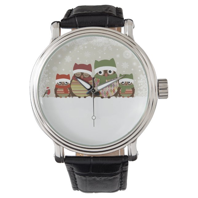 Warmest Wishes Owl Family Vintage Leather Strap Watch (Front)