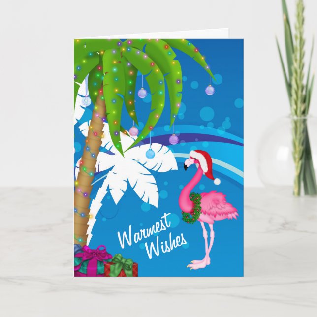 Warmest Wishes Palm Trees Flamingo Beach Christmas Holiday Card (Front)