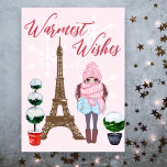 Warmest Wishes Paris Eiffel Tower Pink Christmas Holiday Card<br><div class="desc">This beautiful Paris holiday card features the Eiffel Tower with a totally chic girl wearing a scarf that reads "It's Winter Baby" next to some snow covered topiaries. White snowflakes are falling in the background that has monochromatic elements with "Warmest Wishes" text. Easily personalize the inside of this card with...</div>