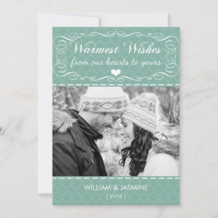 Warmest Wishes Quatrefoil Teal Christmas Flat Card