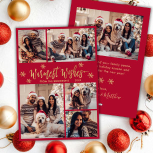 Warmest Wishes Red Gold Photo Collage Christmas Holiday Card