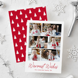 Warmest Wishes Red Script 6 Photo Collage Holiday Card