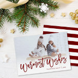 Warmest Wishes Red Script Photo Overlay Holiday Card<br><div class="desc">Affordable custom printed holiday photo cards with simple templates for customisation. This stylish modern design features burgundy red script Warmest Wishes typography overlaid on your full bleed photo. Personalise it with your photos, family name, the year or other custom text. Please note that the faux foil is part of the...</div>