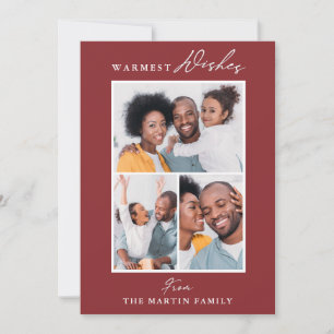 Warmest Wishes Red Three Photo Collage Holiday Card