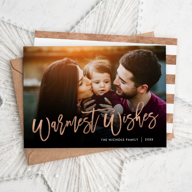 Warmest Wishes Rose Gold Script Photo Overlay Holiday Card (Creator Uploaded)