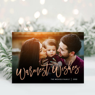Warmest Wishes Rose Gold Script Photo Overlay Holiday Card