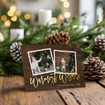 Warmest Wishes Rustic Gold Script Photo<br><div class="desc">Affordable custom printed photo greeting cards with simple templates for customisation. This rustic chic design features a 2 photo template with real gold foil script text on a wood-look background. Personalise it with your photos, family name, the year or other custom text. Reverse side has space for additional photos and...</div>