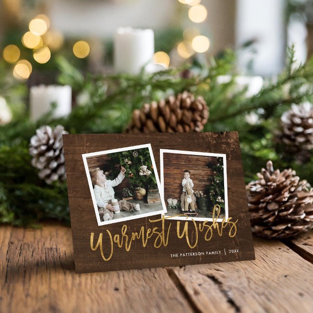 Warmest Wishes Rustic Gold Script Photo Holiday Card (Creator Uploaded)