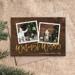 Warmest Wishes Rustic Gold Script Photo Holiday Card<br><div class="desc">Affordable custom printed holiday photo cards with simple templates for customisation. This rustic chic design features a 2 photo template with faux gold foil script text on a wood-look background. Personalise it with your photos, family name, the year or other custom text. Please note that the faux gold foil and...</div>
