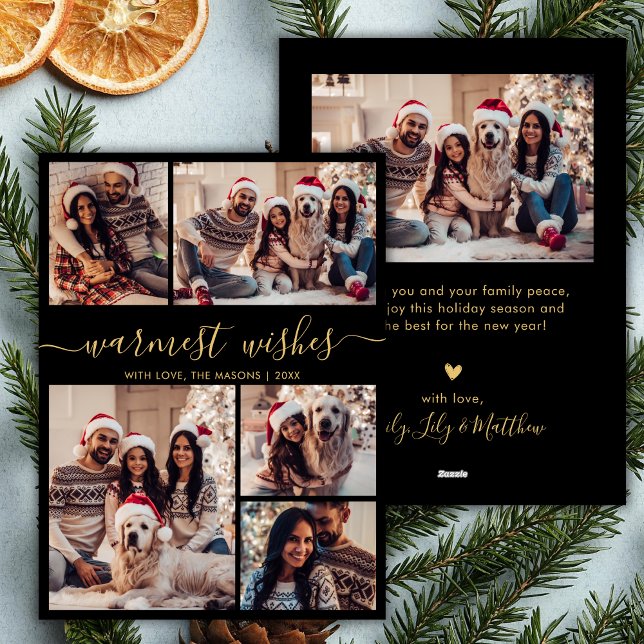 Warmest Wishes Script 5 Photo Collage Christmas Holiday Card (Creator Uploaded)