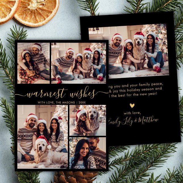 Warmest Wishes Script 5 Photo Collage Christmas Holiday Card (Creator Uploaded)