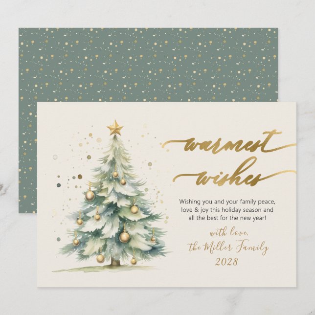 Warmest Wishes Script Watercolor Christmas Tree Holiday Card (Front/Back)