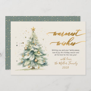 Warmest Wishes Script Watercolor Christmas Tree Holiday Card