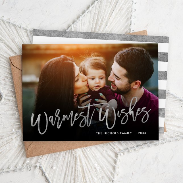 Warmest Wishes Silver Script Photo Overlay Holiday Card (Creator Uploaded)