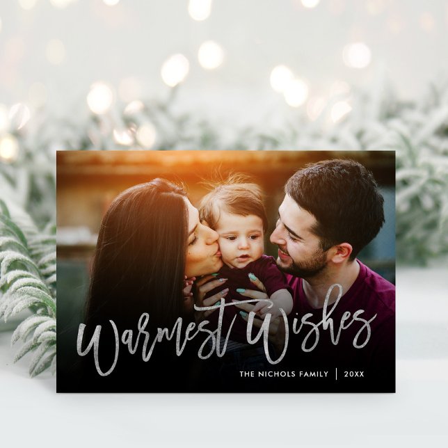 Warmest Wishes Silver Script Photo Overlay Holiday Card (Creator Uploaded)