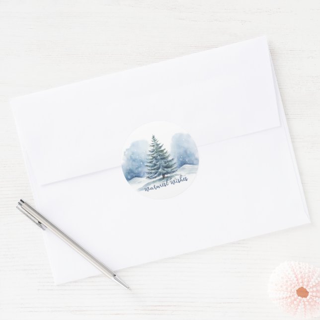 Warmest Wishes Snow Covered Evergreen Tree Classic Round Sticker (Envelope)