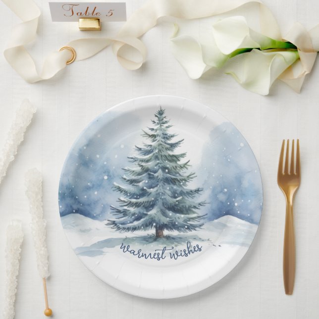 Warmest Wishes Snow Covered Evergreen Tree Paper Plate (Wedding)