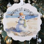 Warmest Wishes Snowman Beach Sand  Tree Decoration Card<br><div class="desc">This design may be personalised in the area provided by changing the photo and/or text. Or it can be customised by clicking Personalise this Template and then choosing the click to customise further option and delete or change the colour of the background, add text, change the text colour or style,...</div>