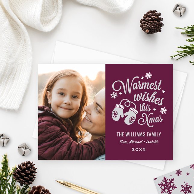 Warmest Wishes Vintage Burgundy Christmas Photo Holiday Card (Creator Uploaded)