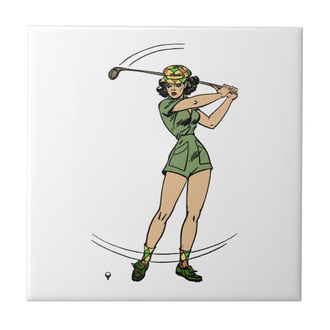 Warming Up for Golf Lady Golfer   Tile (Front)