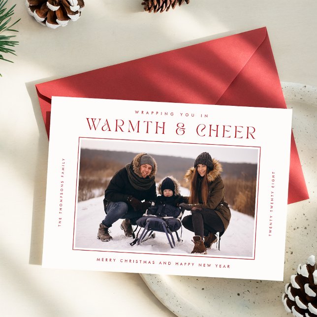 Warmth & Cheer | Red Modern Christmas Four Photo Holiday Card (Creator Uploaded)