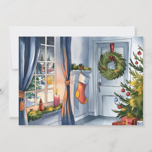Warmth christmas room decor on winter snow holiday card