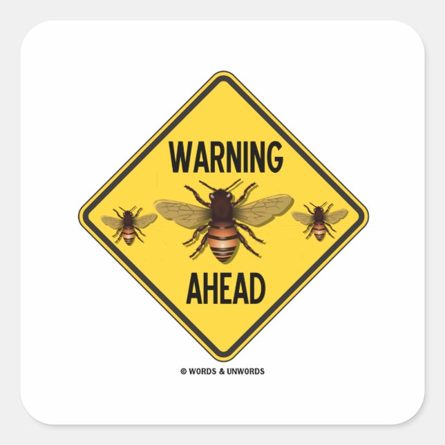 Warning Bees Ahead Three Bees Yellow Diamond Sign Square Sticker (Front)