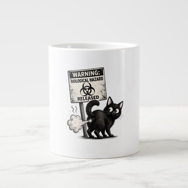Warning Biological Hazard Released Funny Black Cat Large Coffee Mug (Front)