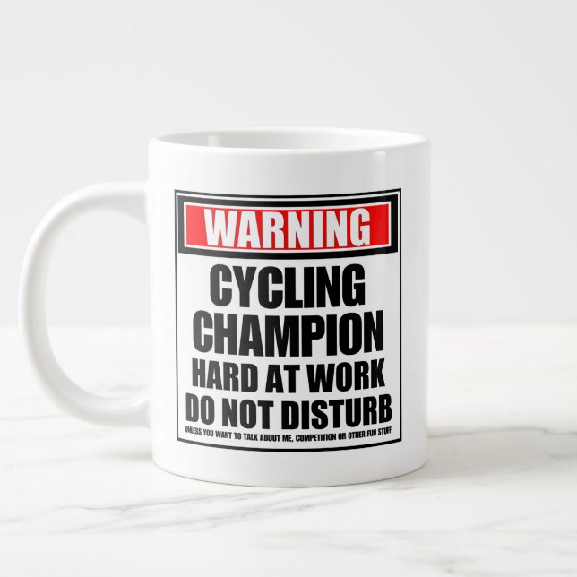 Warning Cycling Champion Hard At Work Large Coffee Mug (Left)