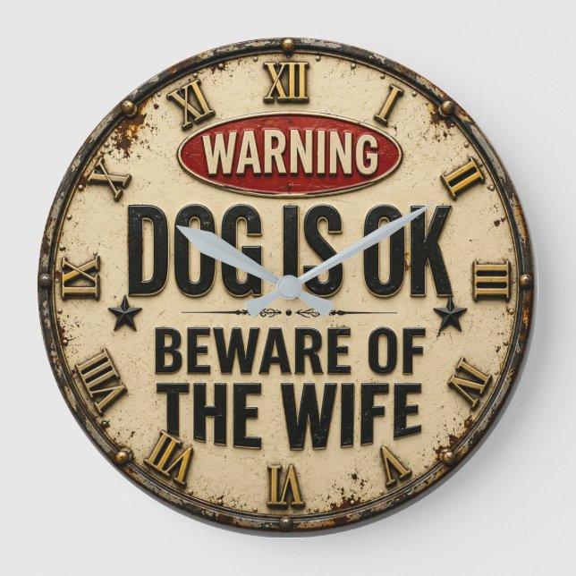 Warning Dog Is OK Beware of the Wife Funny Large Clock (Front)