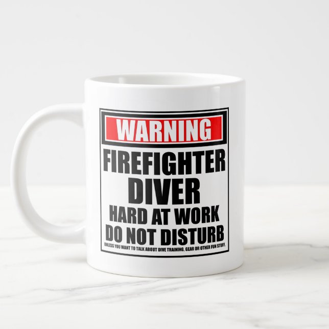 Warning Firefighter Diver Hard At Work Large Coffee Mug (Left)