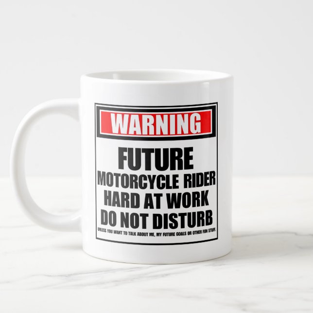 Warning Future Motorcycle Rider Hard At Work Large Coffee Mug (Left)