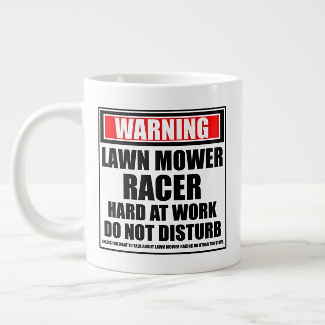 Warning Lawn Mower Racer Hard At Work Large Coffee Mug (Left)