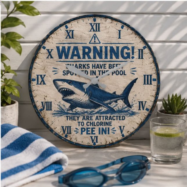 Warning! Sharks Have Been Spotted in This Pool  Large Clock (Creator Uploaded)