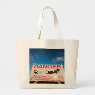 Warning sign near St. Maarten Airport, Large Tote Bag