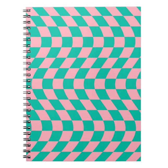 Warped Check Retro Checkerboard Pink Green Pattern Notebook (Front)