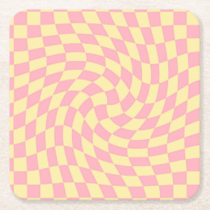 Warped Check Retro Checkerboard Pink Peach    Square Paper Coaster