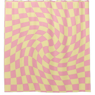 Warped Check Retro Chequerboard Pink Peach Dorm Shower Curtain
