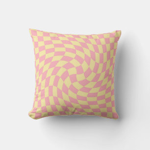 Warped Check Retro Chequerboard Pink Peach Pattern Cushion