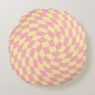 Warped Check Retro Chequerboard Pink Peach  Round Cushion