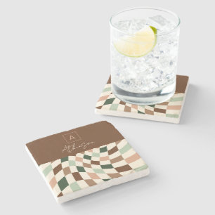 Warped Chequerboard Elegant Monogram Stone Coaster