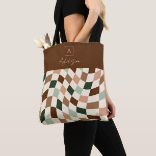 Warped Chequerboard Neutral Personalised Monogram Tote Bag