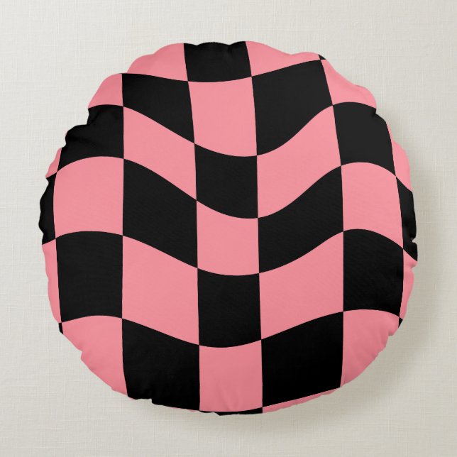 Warped Chequerboard Throw Pillow - Trippy Pink and (Front)