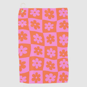 Warped Chequered Retro Flowers Pink Orange  Golf Towel