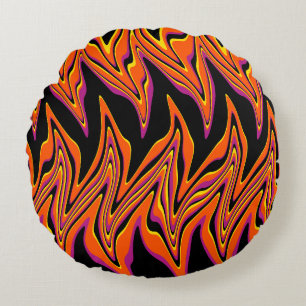 Warped in Black, Pink, Orange and Yellow Round Cushion