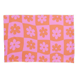 Warped Retro Pink orange Flowers on Checkerboards  Pillowcase