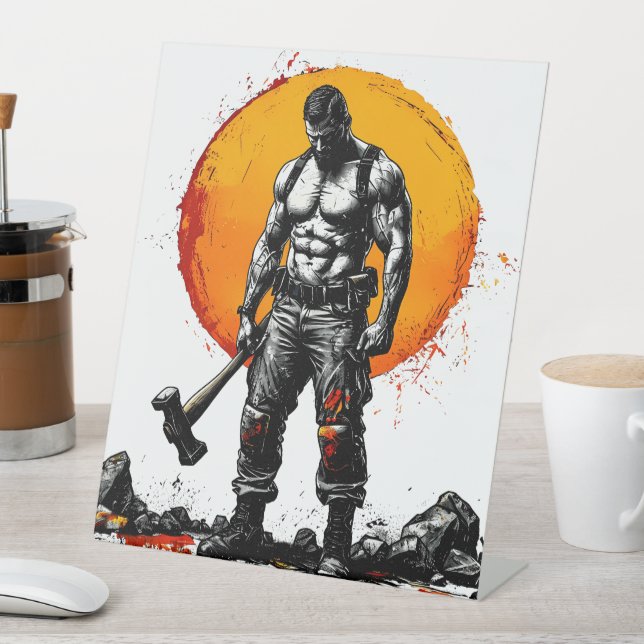 warrior barbarian mediaeval fantasy hummer strengt pedestal sign (In SItu)