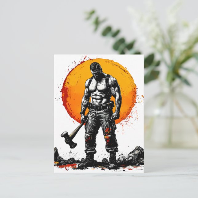 warrior barbarian mediaeval fantasy hummer strengt postcard (Standing Front)